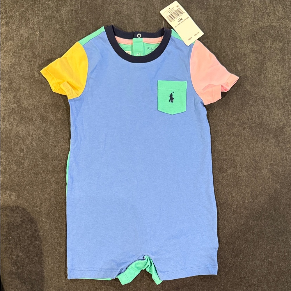 Ralph Lauren Colorblock Baby Romper - Blue, Pink & Green